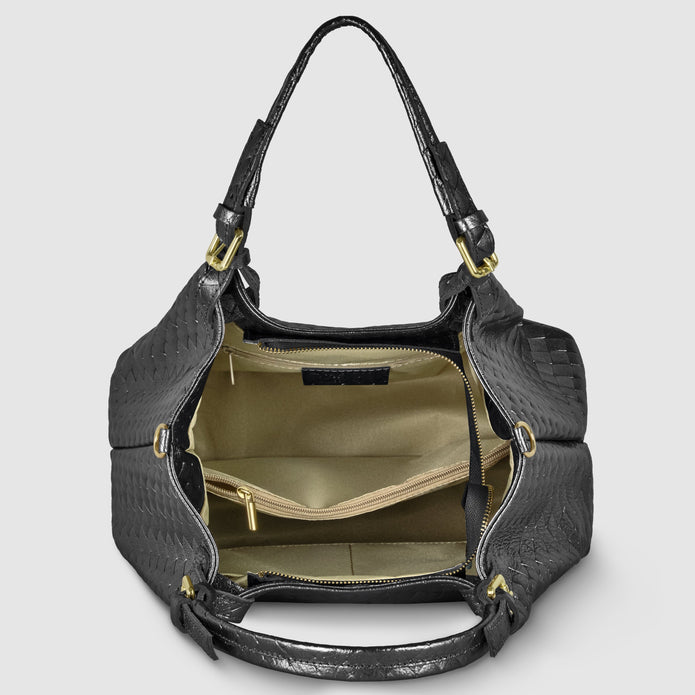 Italian Genuine Woven-Embossed Metallic Suede Top-Handle Bag | Savona
