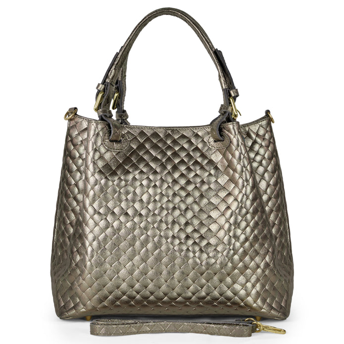 Italian Genuine Woven-Embossed Metallic Suede Top-Handle Bag | Savona