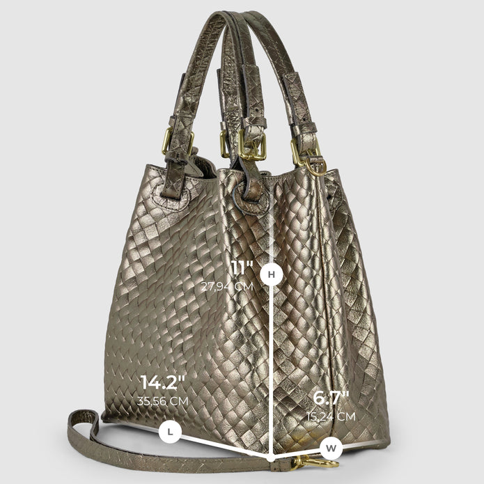 Italian Genuine Woven-Embossed Metallic Suede Top-Handle Bag | Savona