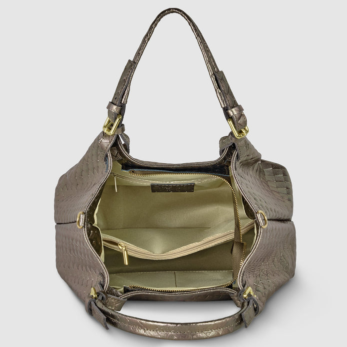 Italian Genuine Woven-Embossed Metallic Suede Top-Handle Bag | Savona
