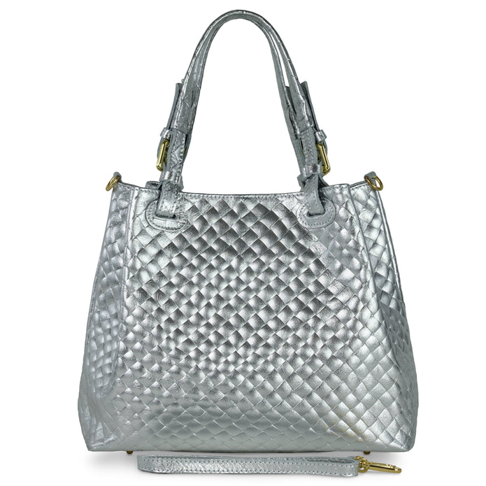 Italian Genuine Woven-Embossed Metallic Suede Top-Handle Bag | Savona