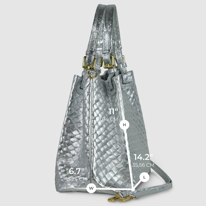 Italian Genuine Woven-Embossed Metallic Suede Top-Handle Bag | Savona