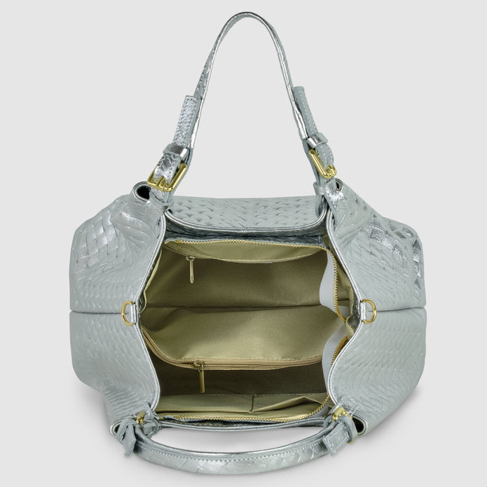 Italian Genuine Woven-Embossed Metallic Suede Top-Handle Bag | Savona