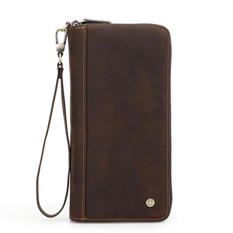 Brown leather wallet with a strap