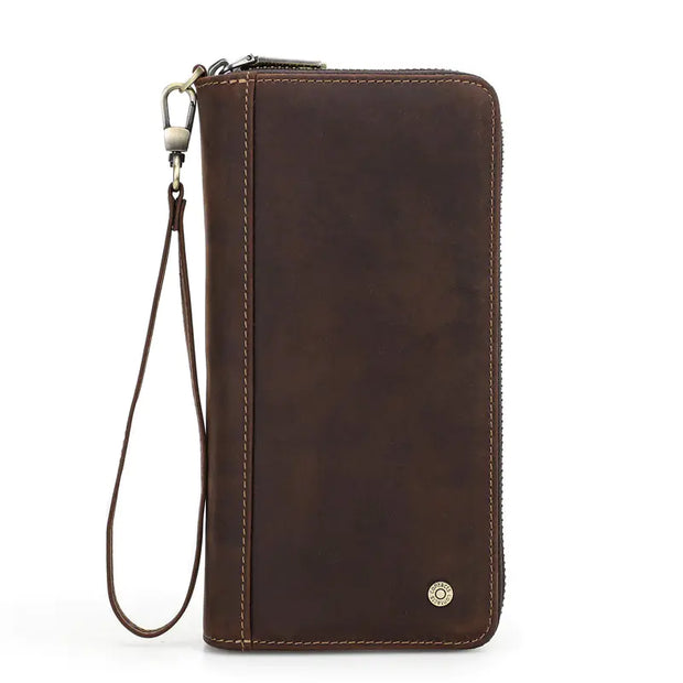 Brown leather wallet with a strap